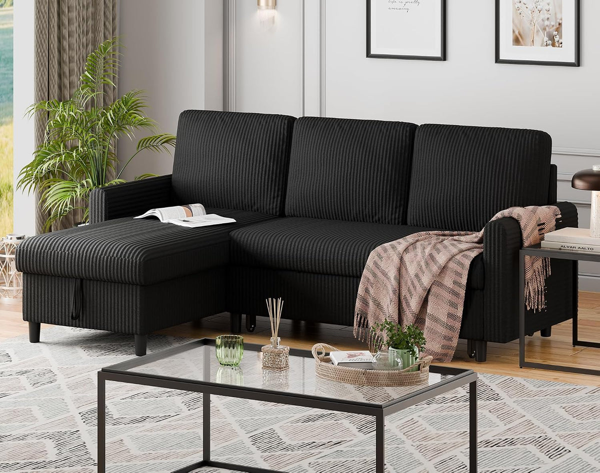 Walsunny 77 Inch Sectional Sleeper Sofa with Pull Out Bed, Modern L-Shaped Corduroy Convertible Couch with Storage Chaise, Reversible Sofa Bed for Small Spaces, Apartment, Black