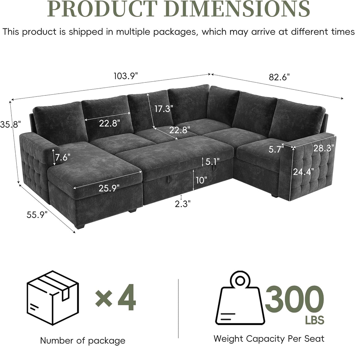 104" Sectional Sleeper Sofa Bed, 7 Seat Pull Out Couch with Storage, Gray