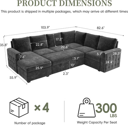 104" Sectional Sleeper Sofa Bed, 7 Seat Pull Out Couch with Storage, Gray