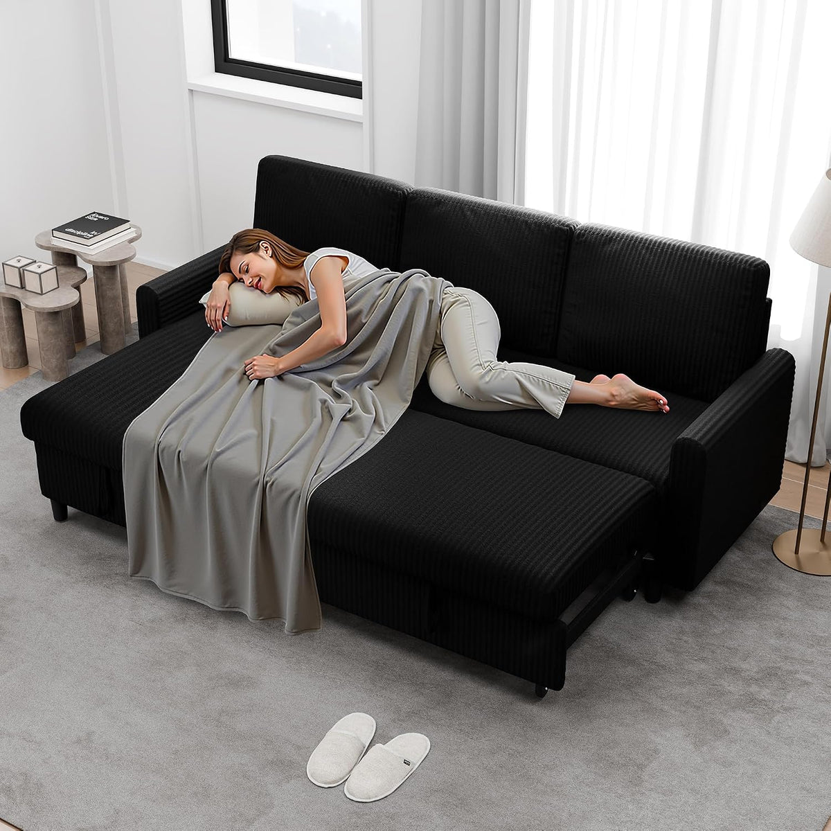Walsunny 77 Inch Sectional Sleeper Sofa with Pull Out Bed, Modern L-Shaped Corduroy Convertible Couch with Storage Chaise, Reversible Sofa Bed for Small Spaces, Apartment, Black