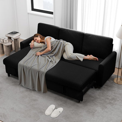 Walsunny 77 Inch Sectional Sleeper Sofa with Pull Out Bed, Modern L-Shaped Corduroy Convertible Couch with Storage Chaise, Reversible Sofa Bed for Small Spaces, Apartment, Black