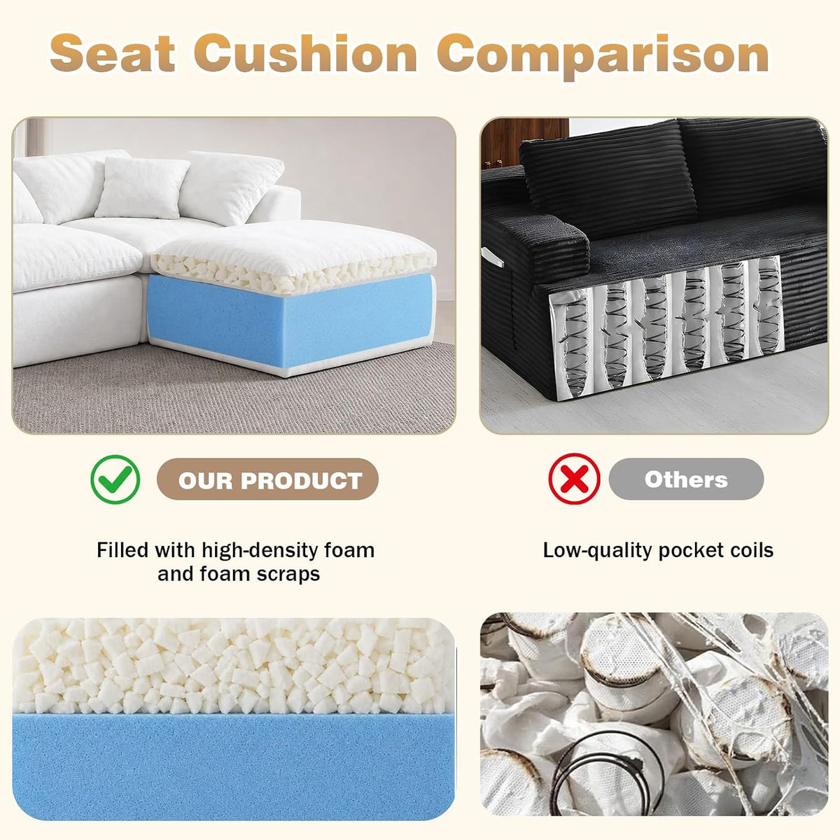 110" Boneless Cloud Couch Sectional for Living Room, Oversized Modular L Shaped Sofa with Ottoman, Deep Seat Chenille Sectional Couch for Cloud-Like Comfort (Pearl White)
