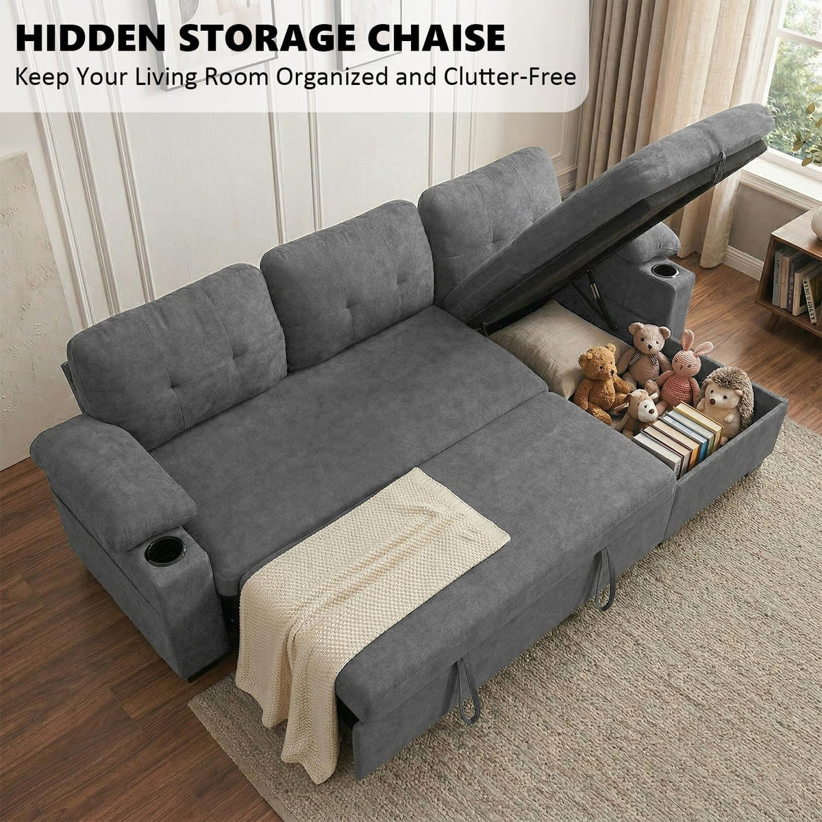 93" L Shaped Sleeper Sofa Bed, Pull Out Sectional Couch with Storage Chaise/Reclining Backrest, Sectional Couches for Living Room with USB Port, Foldable Table, Cup Holder, Side Pocket, Light Grey