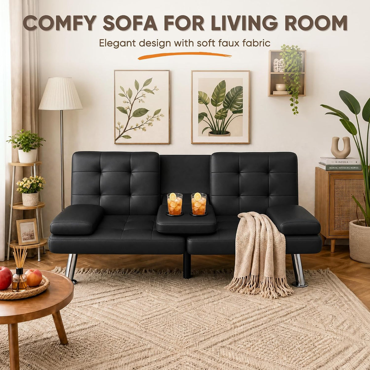 Flamaker Futon Sofa Bed, Black Faux Leather Convertible Loveseat Couch