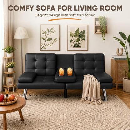 Flamaker Futon Sofa Bed, Black Faux Leather Convertible Loveseat Couch