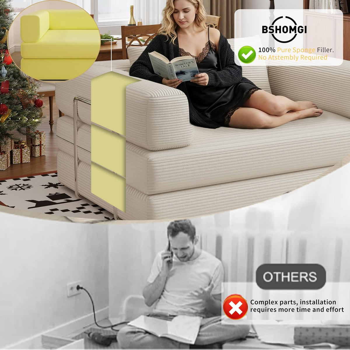 BSHOMGI 4 in 1 Convertible Sofas Boneless Couches, Modern Corduroy Futon Bed, Modular Sofa with Pull-Out Bed, LoveSeat for Living Room, Small Space Apartment (Beige, 53.15" Double Sofa)
