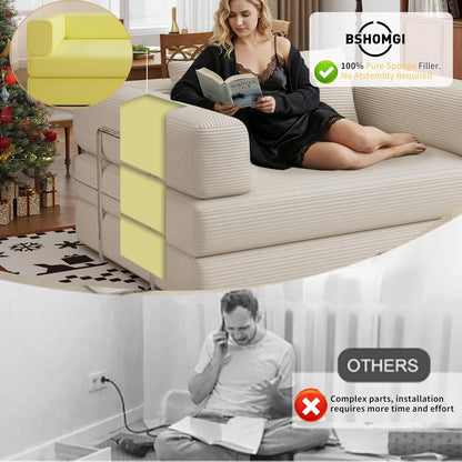 BSHOMGI 4 in 1 Convertible Sofas Boneless Couches, Modern Corduroy Futon Bed, Modular Sofa with Pull-Out Bed, LoveSeat for Living Room, Small Space Apartment (Beige, 53.15" Double Sofa)