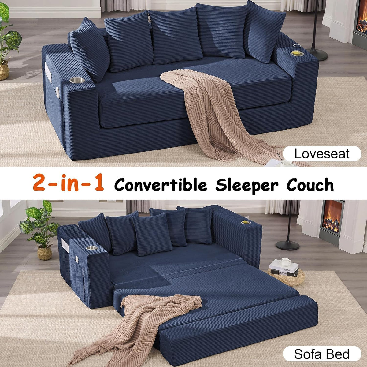 76" Convertible Sofa Bed, Corduroy Boneless Couch with Cup Holders & Pocket