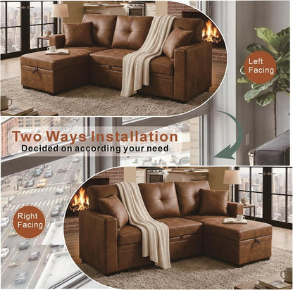L-Shaped Pull Out Sofa Bed with Storage, 3-Seater Reversible Chaise Sleeper Couch for Small Spaces & Living Room