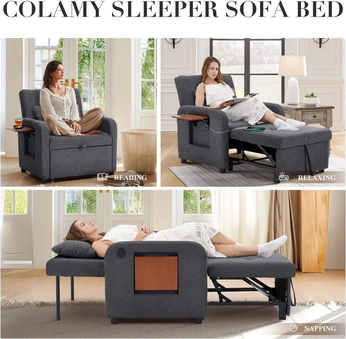 MALOL Convertible Chair-Fabric Sofa Bed, Single Sleeper Sofa, Dark Grey