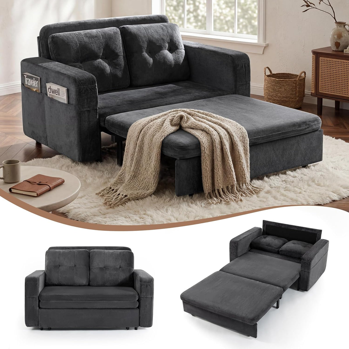 52" Sleeper Convertible Sofa Bed Couch, 3-in-1 Pull Out Couches for Living Room, with 2 Pillows, 6 Side Pockets, Easy Assembly, Grey