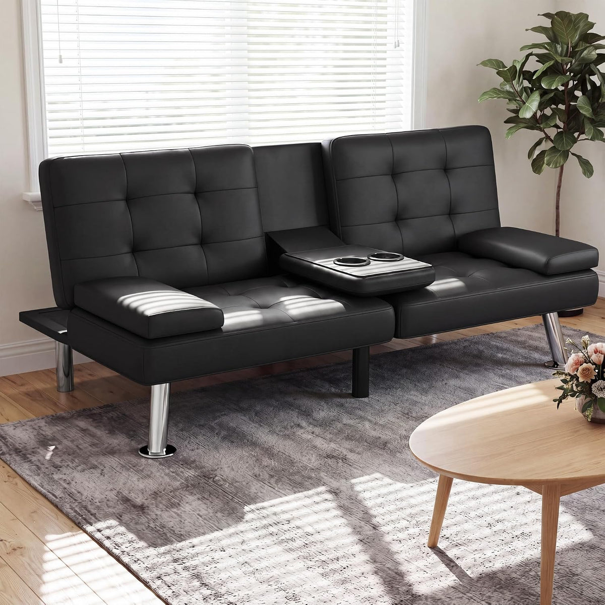 Homall Black Faux Leather Futon Sofa Bed, Loveseat with Adjustable Backrest