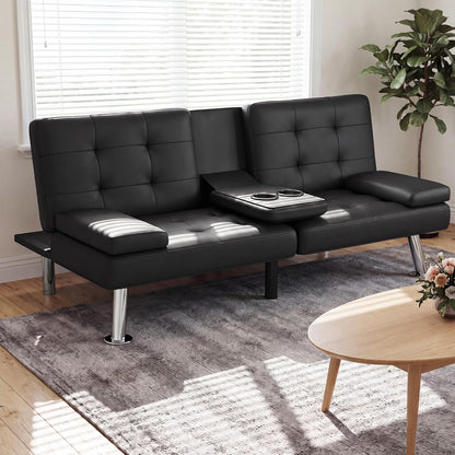 Homall Black Faux Leather Futon Sofa Bed, Loveseat with Adjustable Backrest