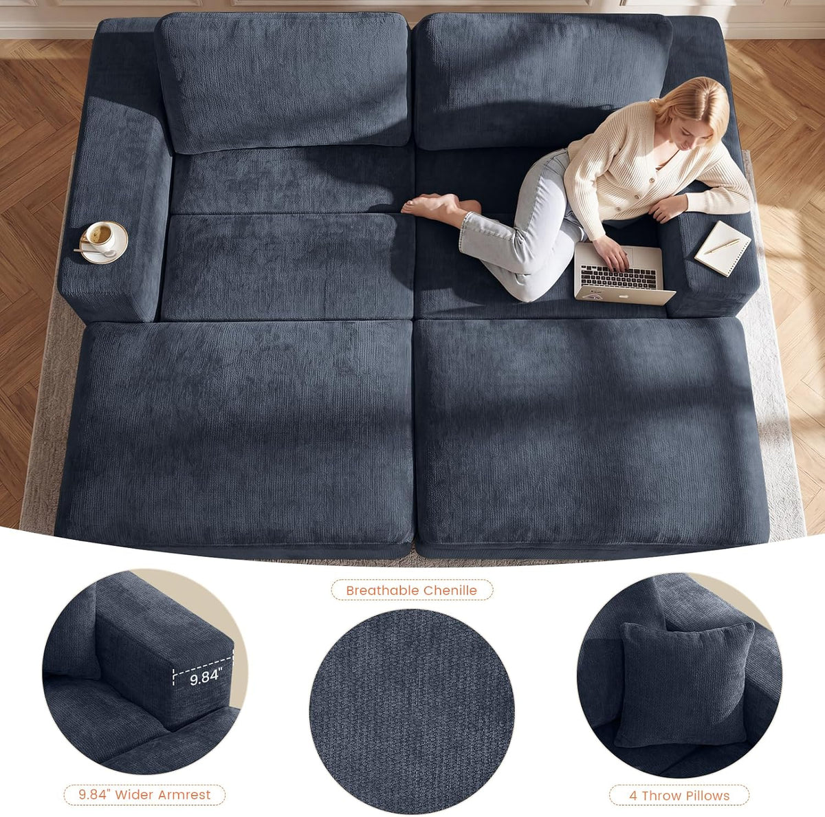 81" Modular Sectional Sofa Bed, Boneless Cloud Loveseat Couch,Blue