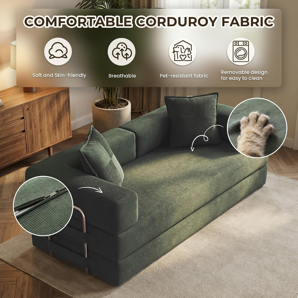 GRUSIGN 78" 5-in-1 Convertible Futon Sofa Bed, Boneless Corduroy, Green