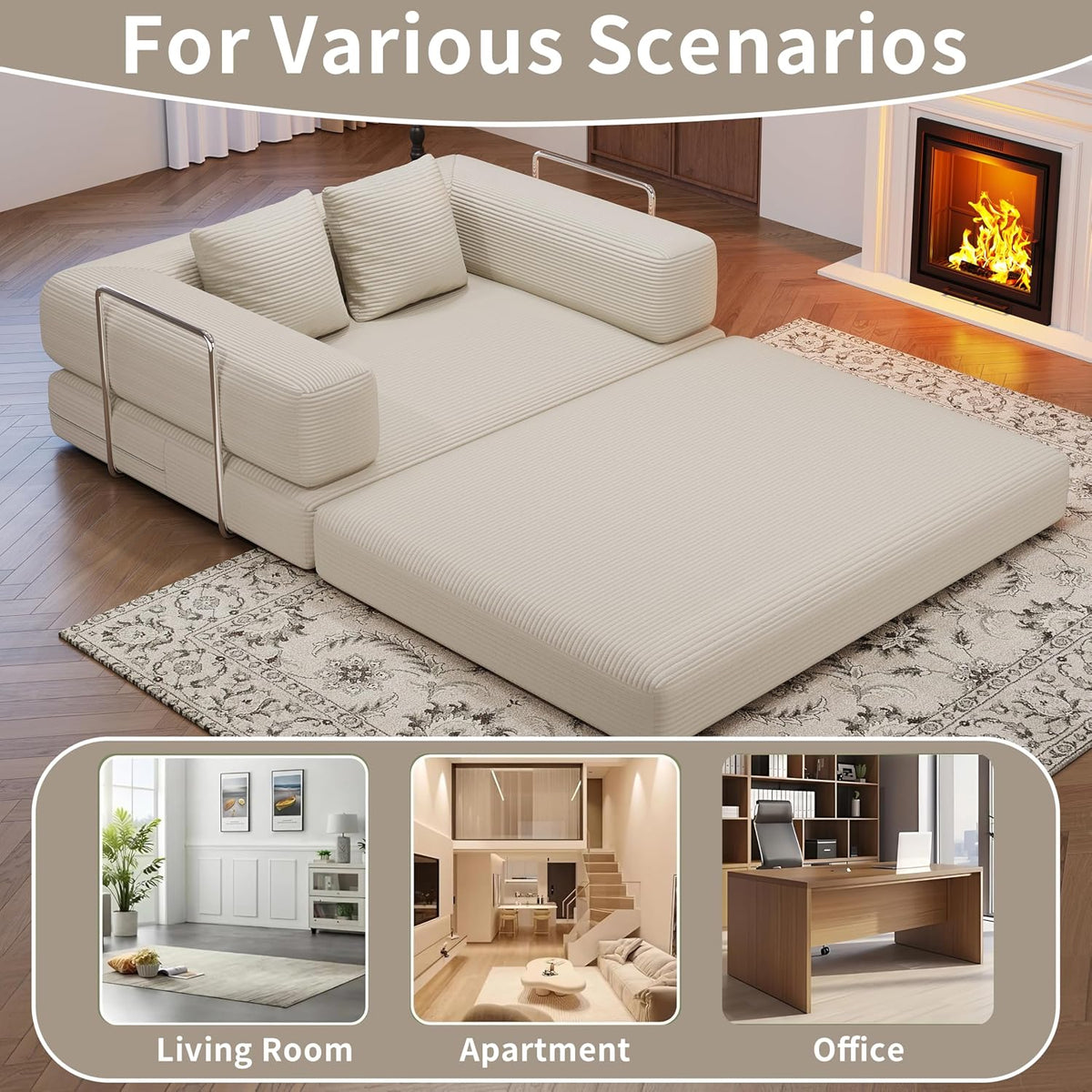 BSHOMGI 4 in 1 Convertible Sofas Boneless Couches, Modern Corduroy Futon Bed, Modular Sofa with Pull-Out Bed, LoveSeat for Living Room, Small Space Apartment (Beige, 53.15" Double Sofa)
