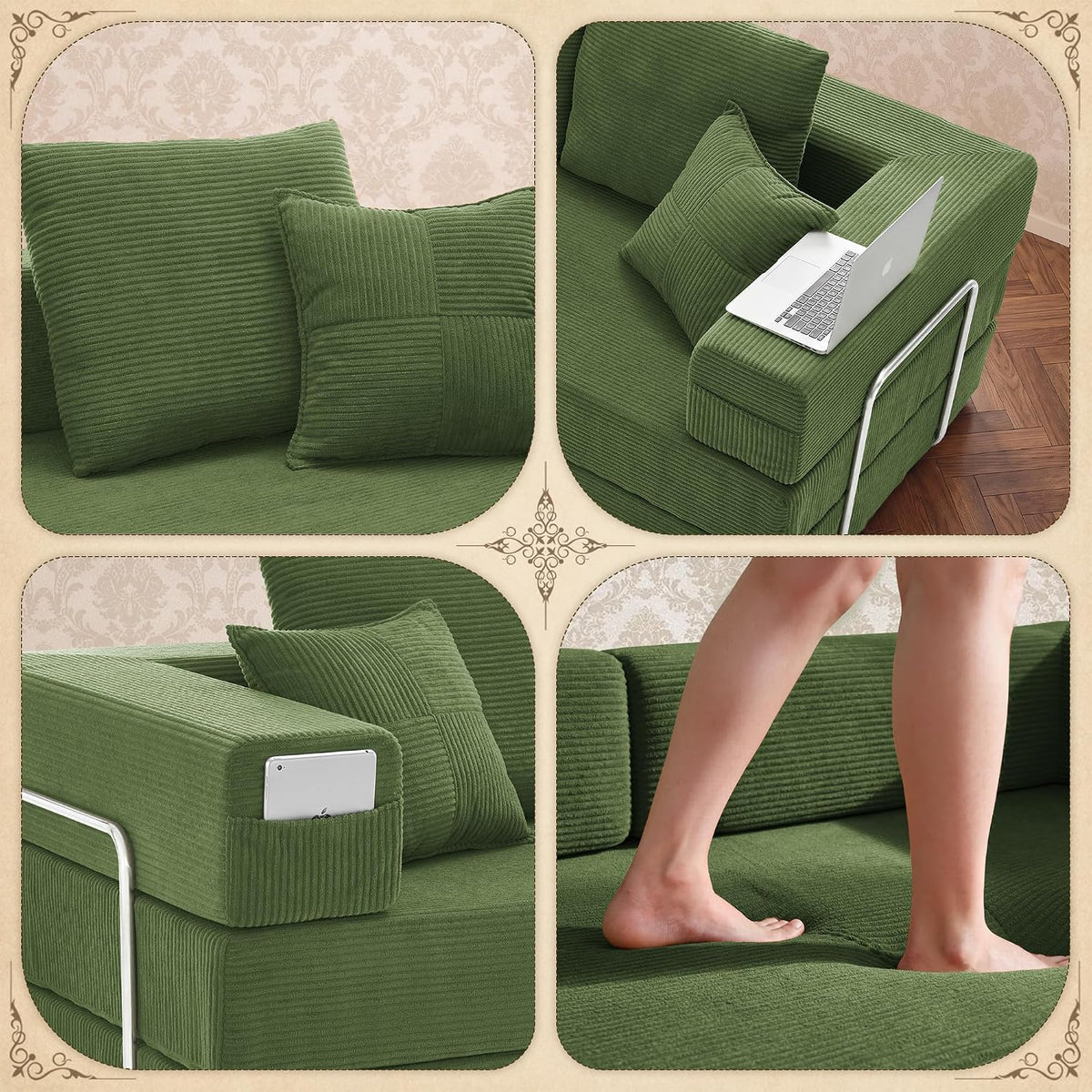 Convertible Futon Sofa Bed - Boneless Couch for Living Room with High Backrest - Futon Sleeper Sofa with Reinforced Anti-Wobble Support Frame - Modular Pull Out Couch No Assembly,Forest Green