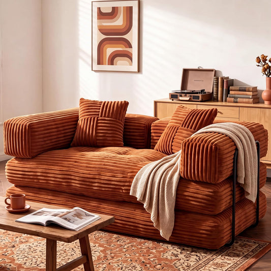 Sunny Heart 63" Boneless Convertible Sofa Bed, 5-in-1 Cloud Couch with Memory Foam, Corduroy, No Assembly Required, 700 lbs Capacity for Living Room, Bedroom & Apartment, Orange