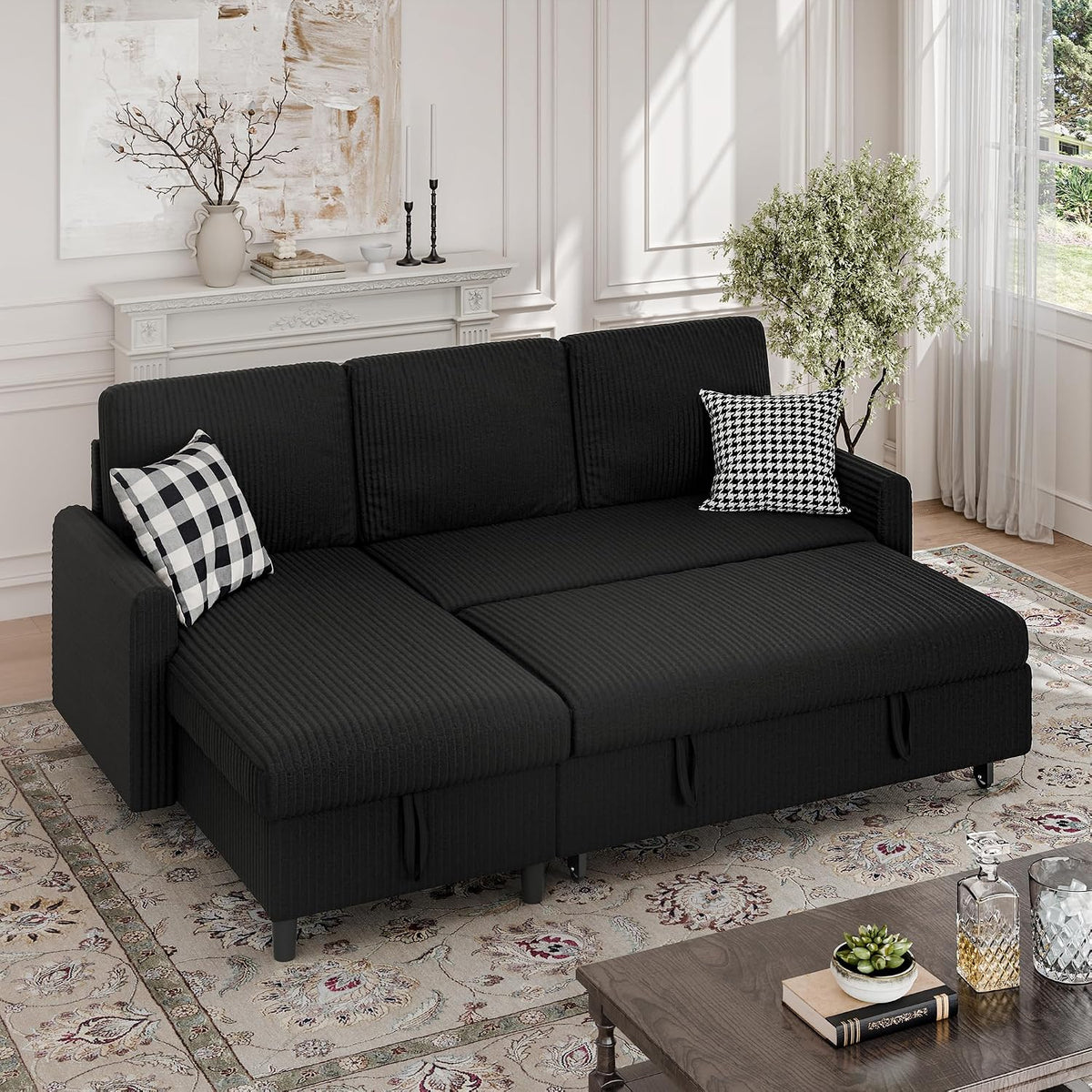Walsunny 77 Inch Sectional Sleeper Sofa with Pull Out Bed, Modern L-Shaped Corduroy Convertible Couch with Storage Chaise, Reversible Sofa Bed for Small Spaces, Apartment, Black
