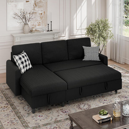 Walsunny 77 Inch Sectional Sleeper Sofa with Pull Out Bed, Modern L-Shaped Corduroy Convertible Couch with Storage Chaise, Reversible Sofa Bed for Small Spaces, Apartment, Black