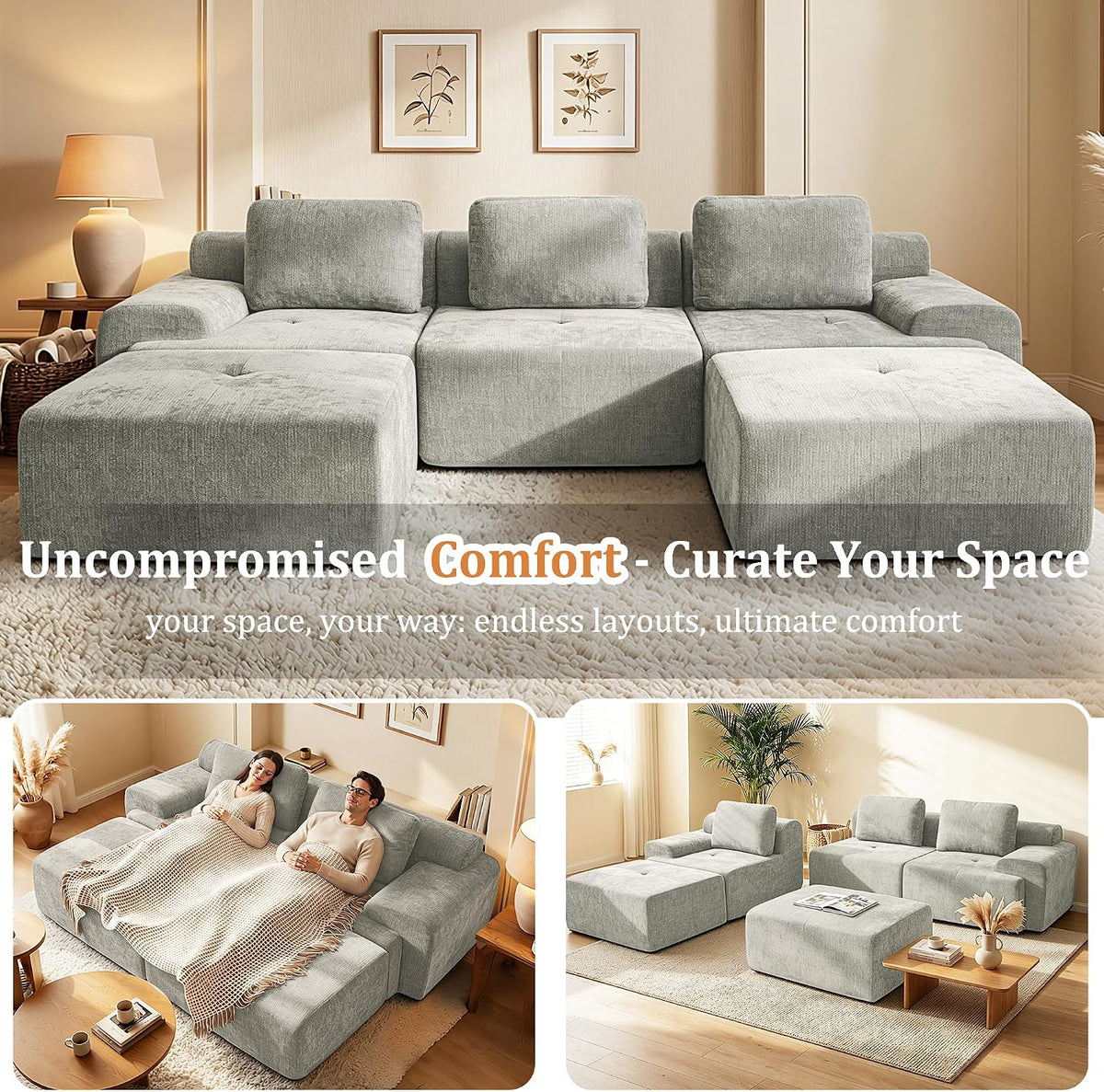 122" U Shaped Oversized Cloud Couch, Comfort Boneless Sectional Couches for Living Room, Modular Sofa High Back & Extra Deep Seat, No Assembly, Soft Chenille(Light Grey, 122 inch-U shaped（3+2）)