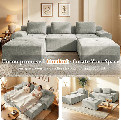 122" U Shaped Oversized Cloud Couch, Comfort Boneless Sectional Couches for Living Room, Modular Sofa High Back & Extra Deep Seat, No Assembly, Soft Chenille(Light Grey, 122 inch-U shaped（3+2）)