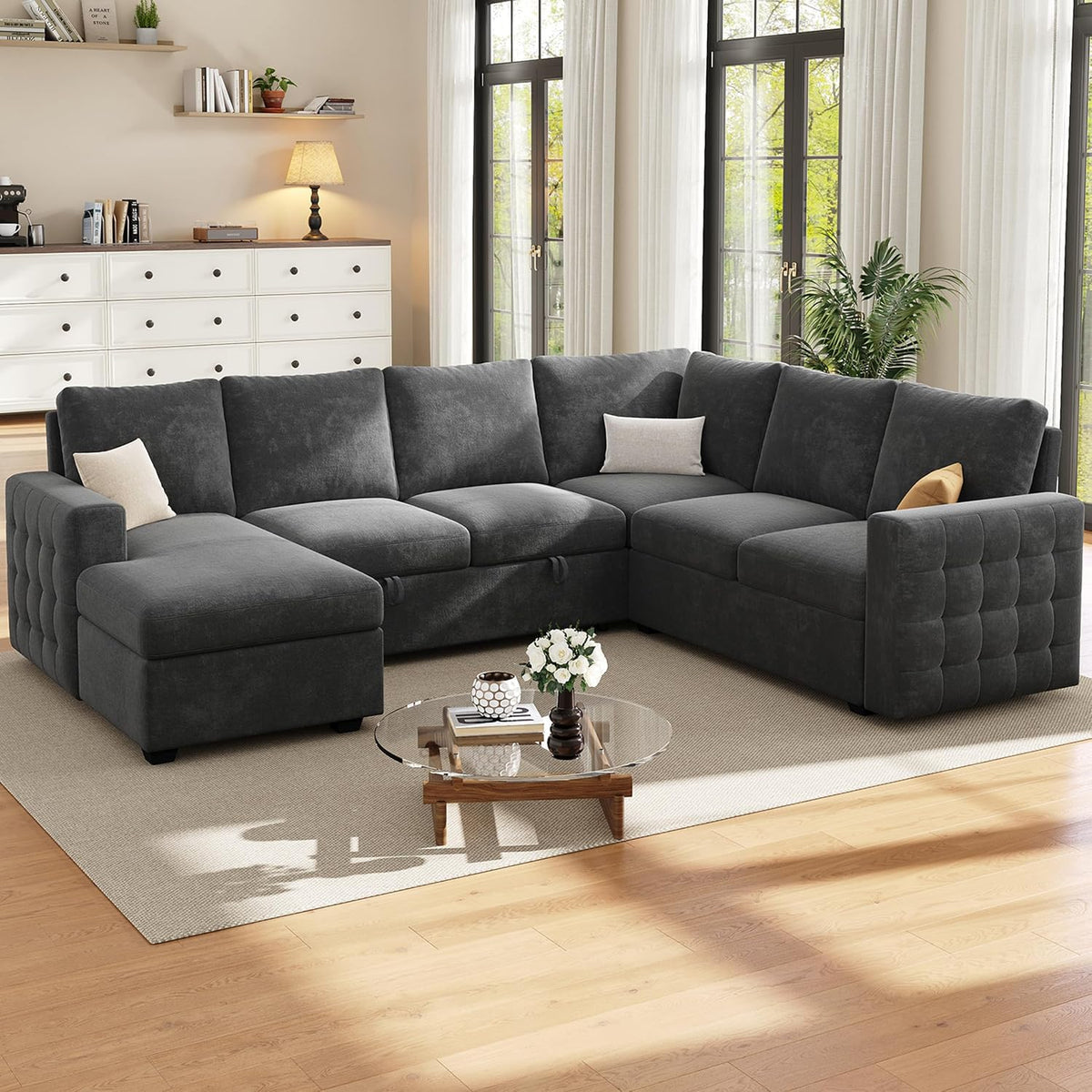 104" Sectional Sleeper Sofa Bed, 7 Seat Pull Out Couch with Storage, Gray