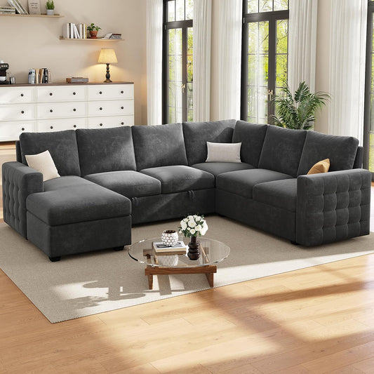 104" Sectional Sleeper Sofa Bed, 7 Seat Pull Out Couch with Storage, Gray