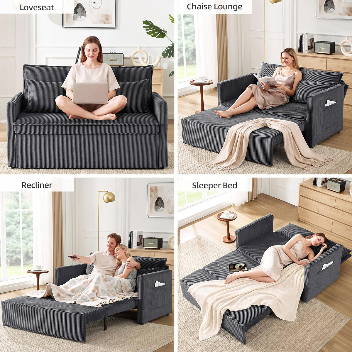 86” Extended Convertible Sofa Bed, Loveseat Sleep Sofa with USB Ports, Pull Out Couch with 6-Position Adjustable Backrest, Corduroy Couch Bed with Side Pockets for Living Room, Dark Grey