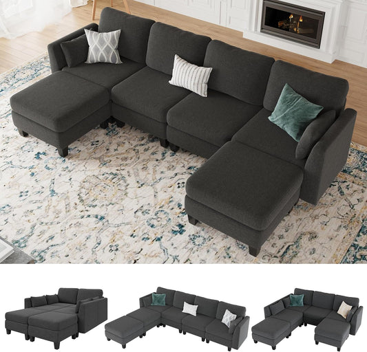 Modular Sectional Sofa, 6 Seat Modular Sleeper Sofa Couch, Dark Grey