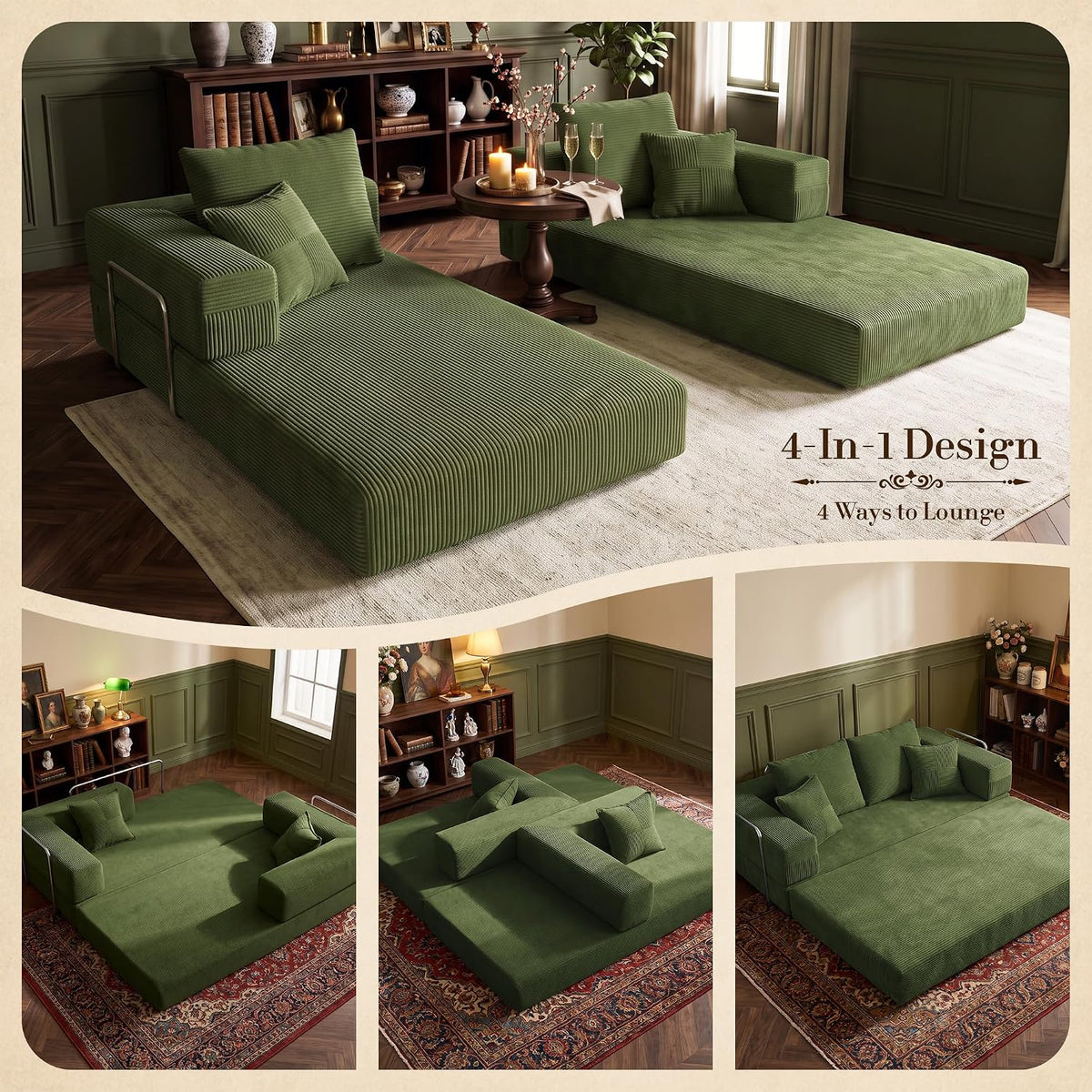 Convertible Futon Sofa Bed - Boneless Couch for Living Room with High Backrest - Futon Sleeper Sofa with Reinforced Anti-Wobble Support Frame - Modular Pull Out Couch No Assembly,Forest Green