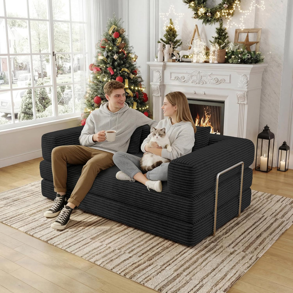 59 Inch Convertible Sofas Bed, 5-in-1 Futon Sofa Pull Out Sleeper Couch, Boneless Couches for Living Room, Corduroy Floor Compression Loveseat for Bedroom, Apartment, No Assembly, Black, 2 Seat