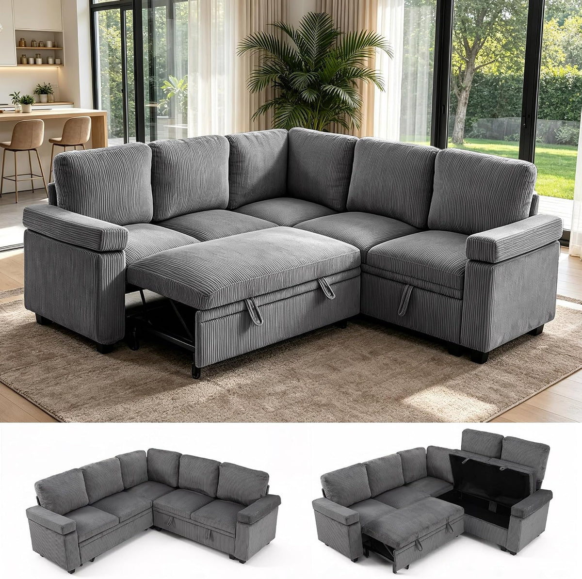 86" Modular Sectional Sleeper Sofa with Pull Out Bed, Sleeper Couch, Gray