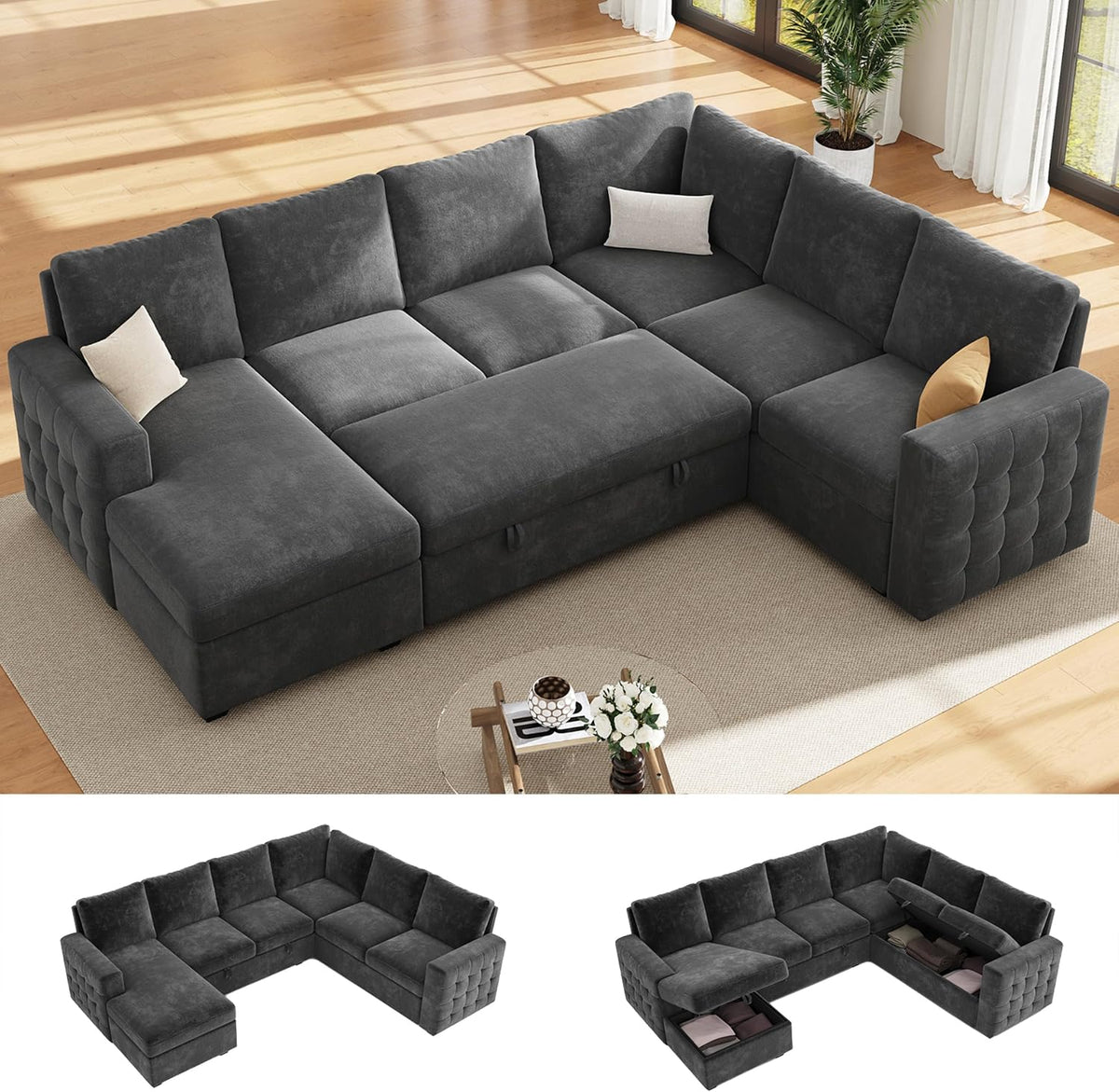104" Sectional Sleeper Sofa Bed, 7 Seat Pull Out Couch with Storage, Gray