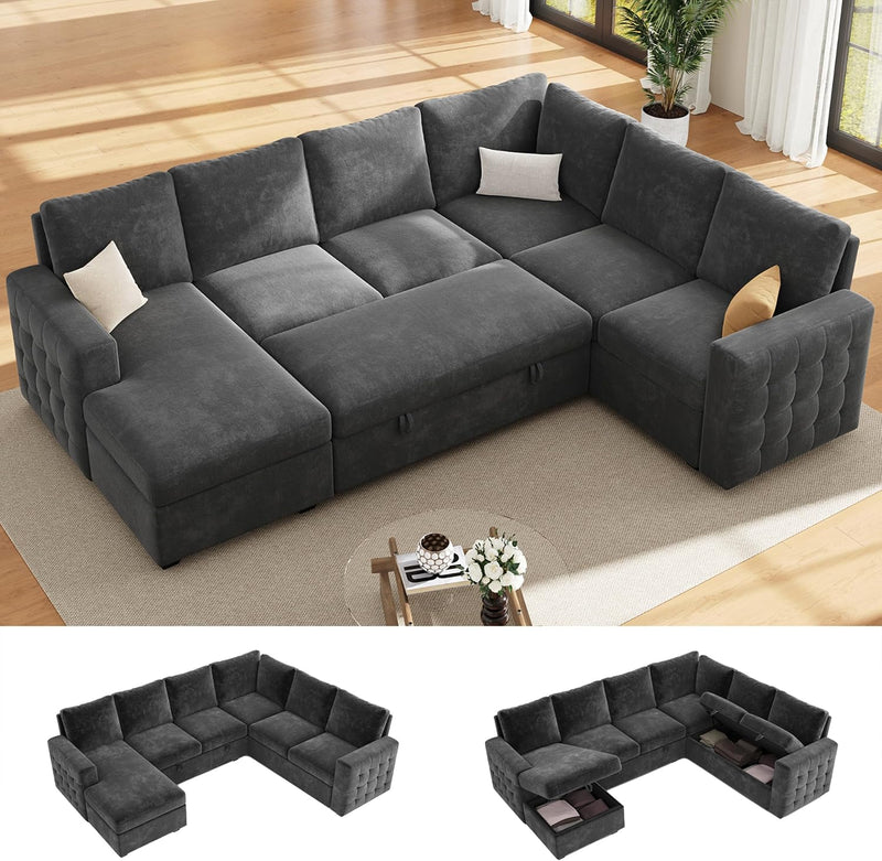 104" Sectional Sleeper Sofa Bed, 7 Seat Pull Out Couch with Storage, Gray