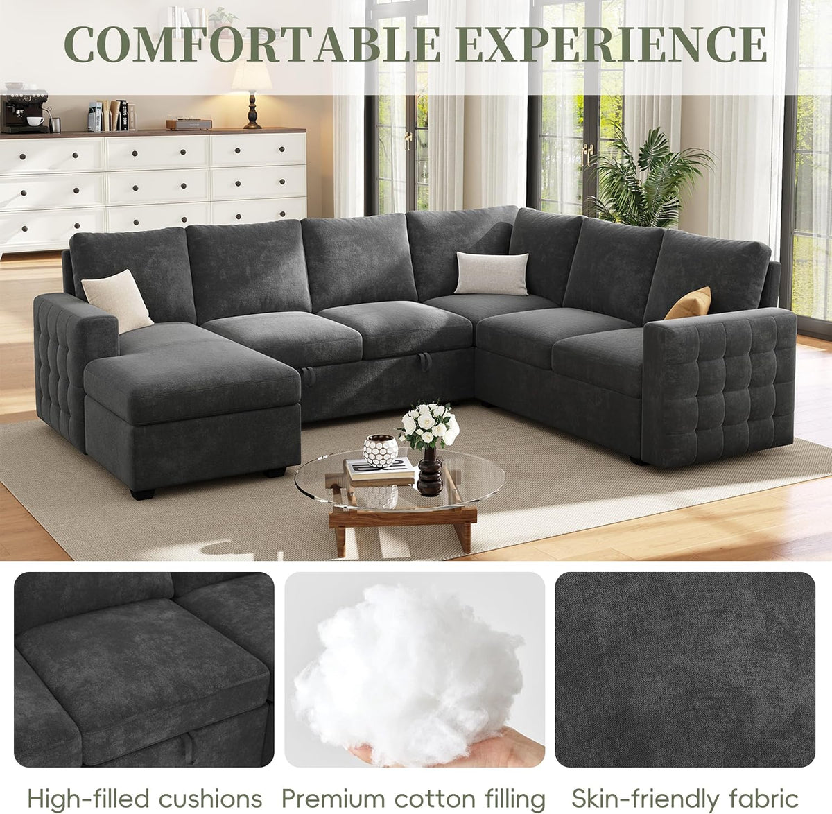104" Sectional Sleeper Sofa Bed, 7 Seat Pull Out Couch with Storage, Gray