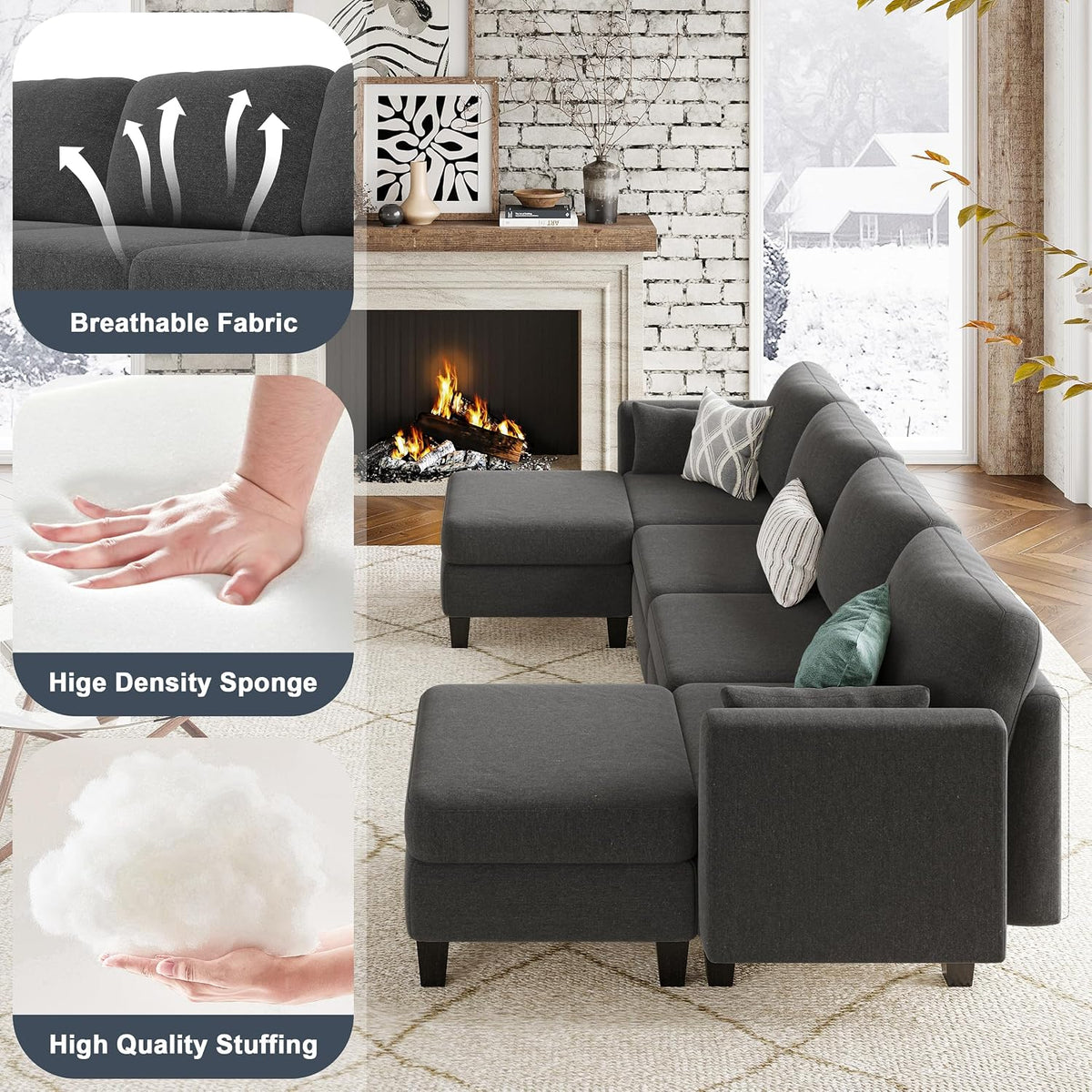 Modular Sectional Sofa, 6 Seat Modular Sleeper Sofa Couch, Dark Grey