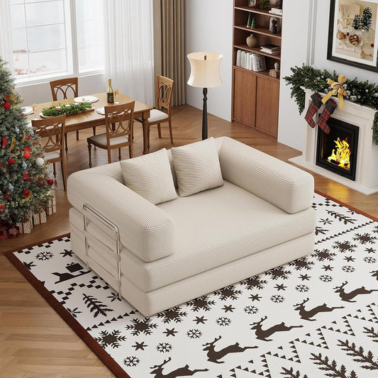 BSHOMGI 4 in 1 Convertible Sofas Boneless Couches, Modern Corduroy Futon Bed, Modular Sofa with Pull-Out Bed, LoveSeat for Living Room, Small Space Apartment (Beige, 53.15" Double Sofa)