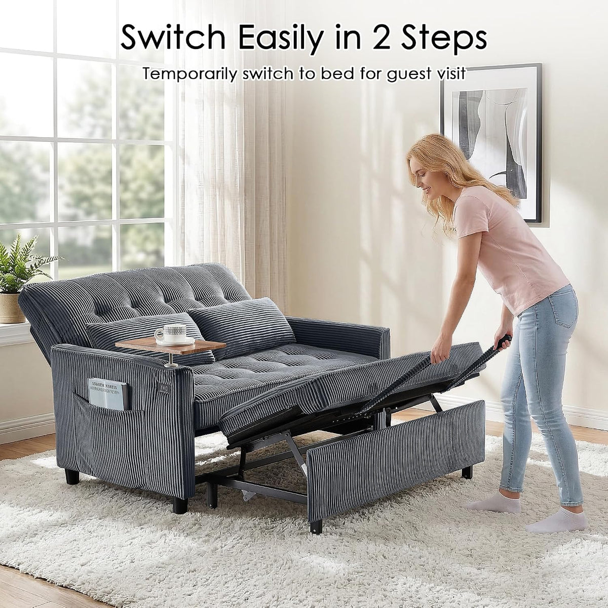 55'' Sleeper Sofa Bed, Convertible Pull Out Couch(Darkgrey)