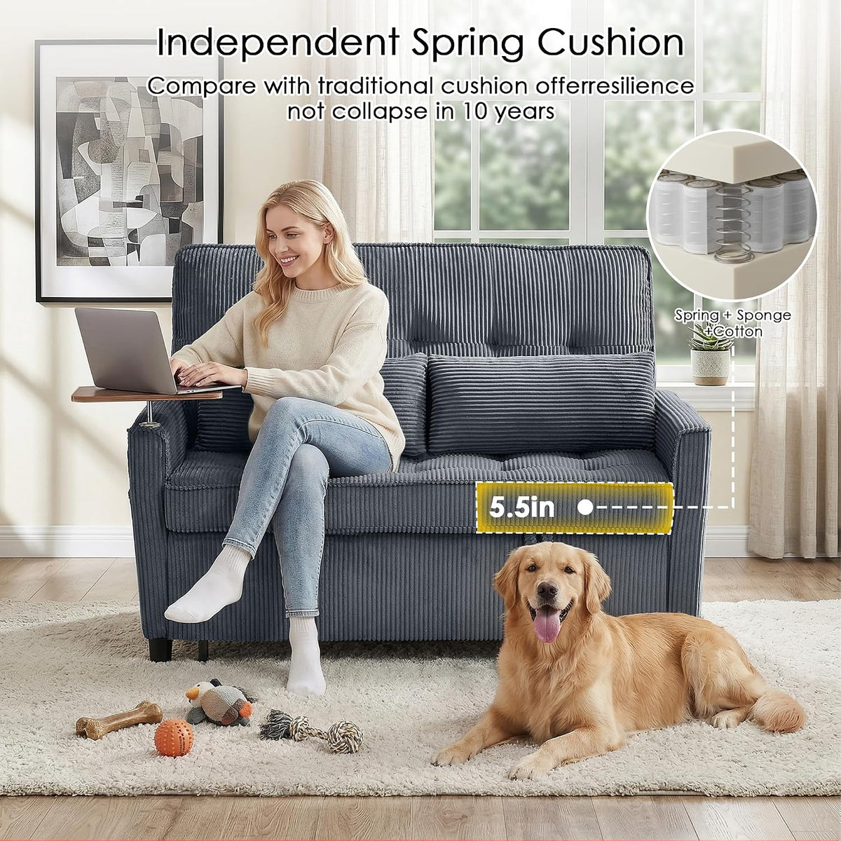 55'' Sleeper Sofa Bed, Convertible Pull Out Couch(Darkgrey)