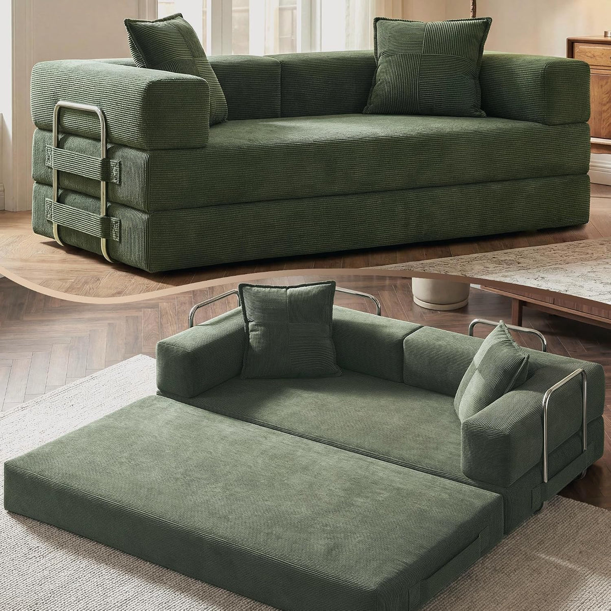GRUSIGN 78" 5-in-1 Convertible Futon Sofa Bed, Boneless Corduroy, Green