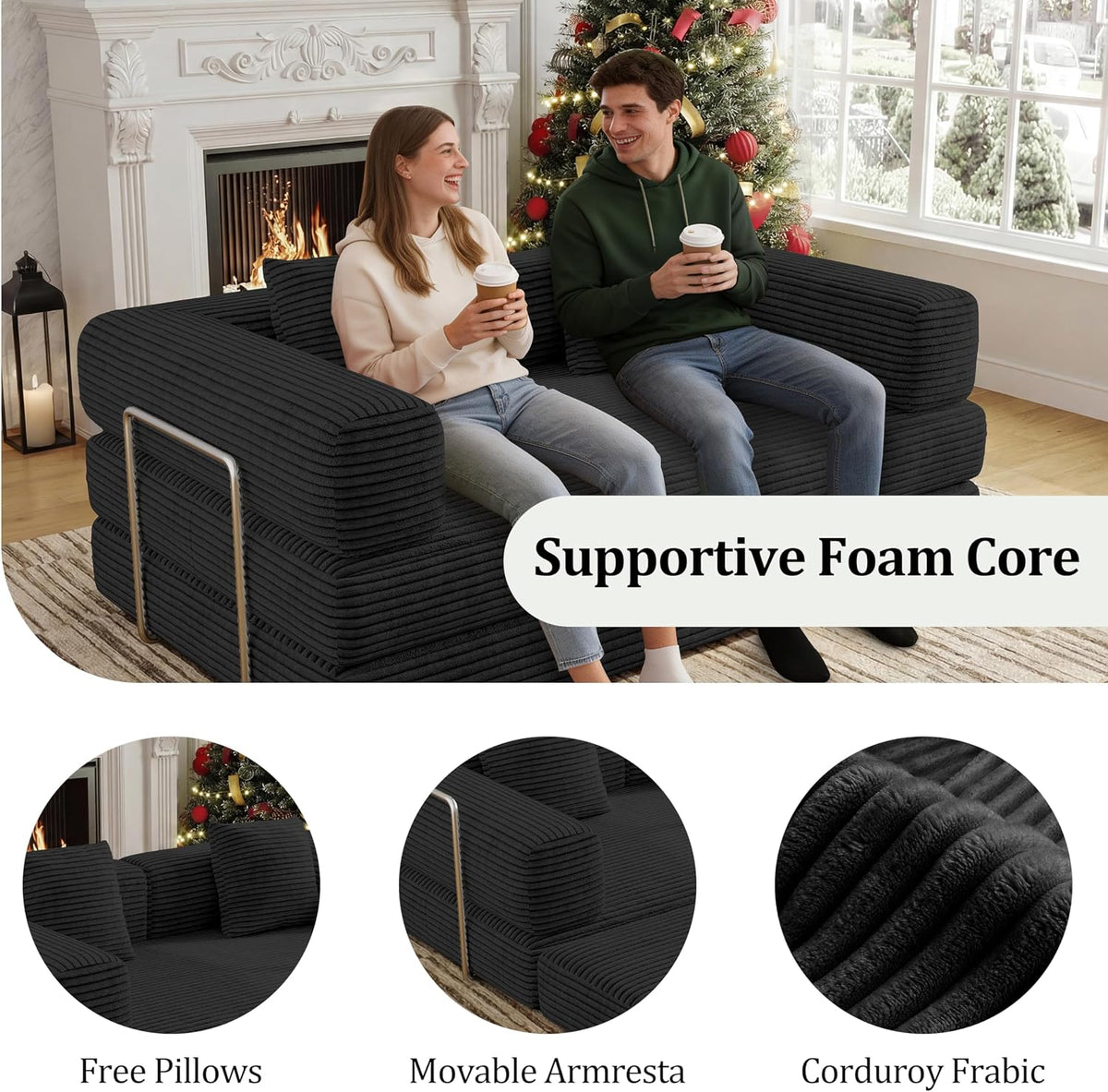 59 Inch Convertible Sofas Bed, 5-in-1 Futon Sofa Pull Out Sleeper Couch, Boneless Couches for Living Room, Corduroy Floor Compression Loveseat for Bedroom, Apartment, No Assembly, Black, 2 Seat