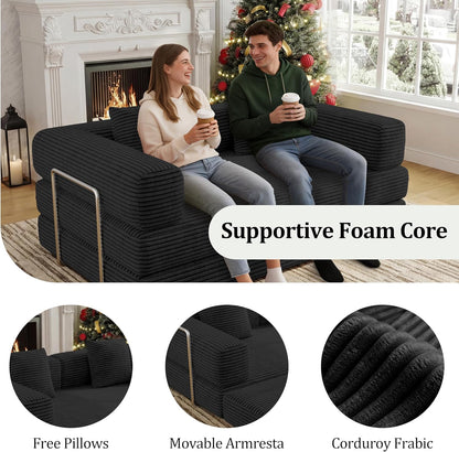 59 Inch Convertible Sofas Bed, 5-in-1 Futon Sofa Pull Out Sleeper Couch, Boneless Couches for Living Room, Corduroy Floor Compression Loveseat for Bedroom, Apartment, No Assembly, Black, 2 Seat