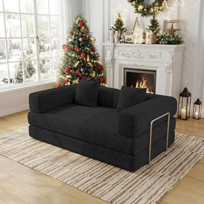 59 Inch Convertible Sofas Bed, 5-in-1 Futon Sofa Pull Out Sleeper Couch, Boneless Couches for Living Room, Corduroy Floor Compression Loveseat for Bedroom, Apartment, No Assembly, Black, 2 Seat