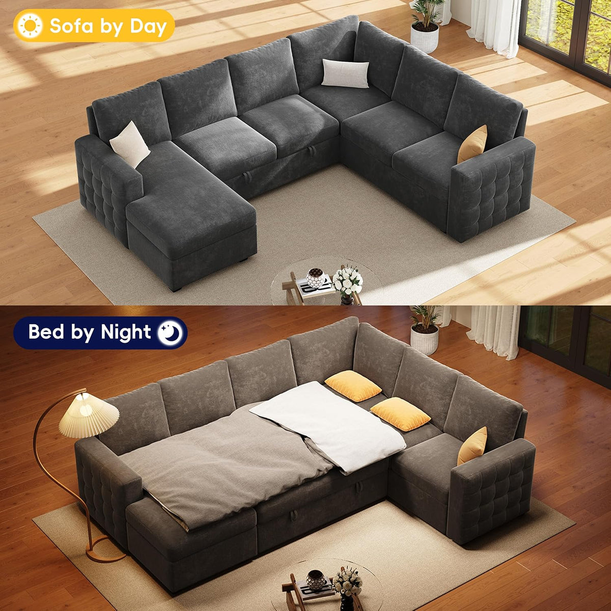 104" Sectional Sleeper Sofa Bed, 7 Seat Pull Out Couch with Storage, Gray