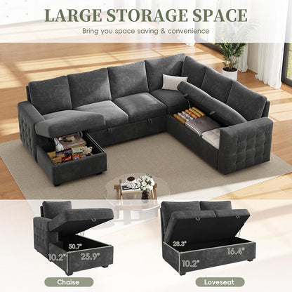 104" Sectional Sleeper Sofa Bed, 7 Seat Pull Out Couch with Storage, Gray