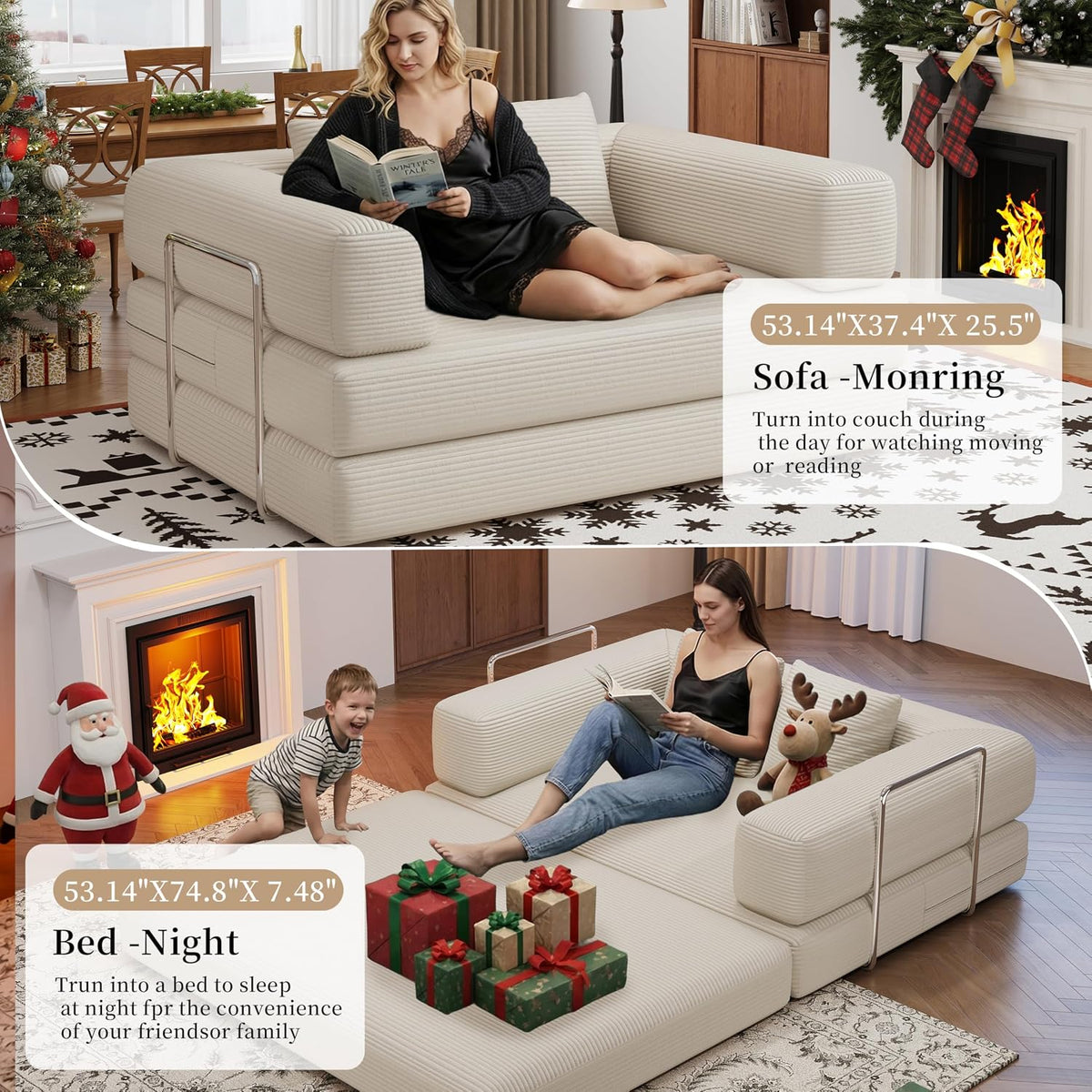 BSHOMGI 4 in 1 Convertible Sofas Boneless Couches, Modern Corduroy Futon Bed, Modular Sofa with Pull-Out Bed, LoveSeat for Living Room, Small Space Apartment (Beige, 53.15" Double Sofa)