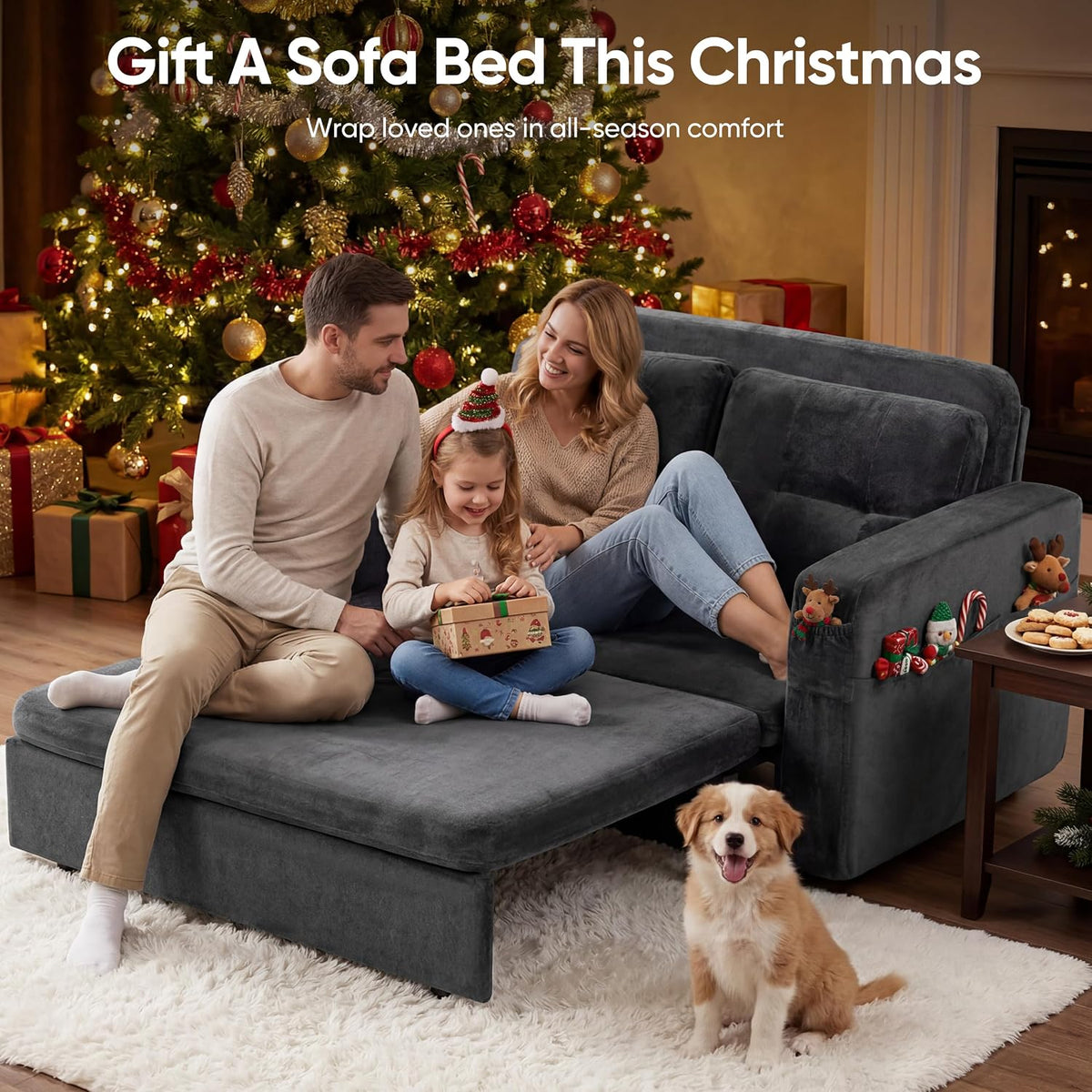 52" Sleeper Convertible Sofa Bed Couch, 3-in-1 Pull Out Couches for Living Room, with 2 Pillows, 6 Side Pockets, Easy Assembly, Grey