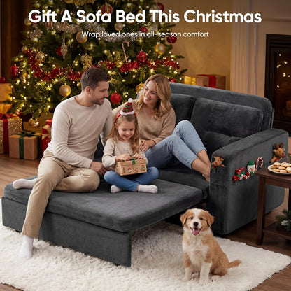 52" Sleeper Convertible Sofa Bed Couch, 3-in-1 Pull Out Couches for Living Room, with 2 Pillows, 6 Side Pockets, Easy Assembly, Grey