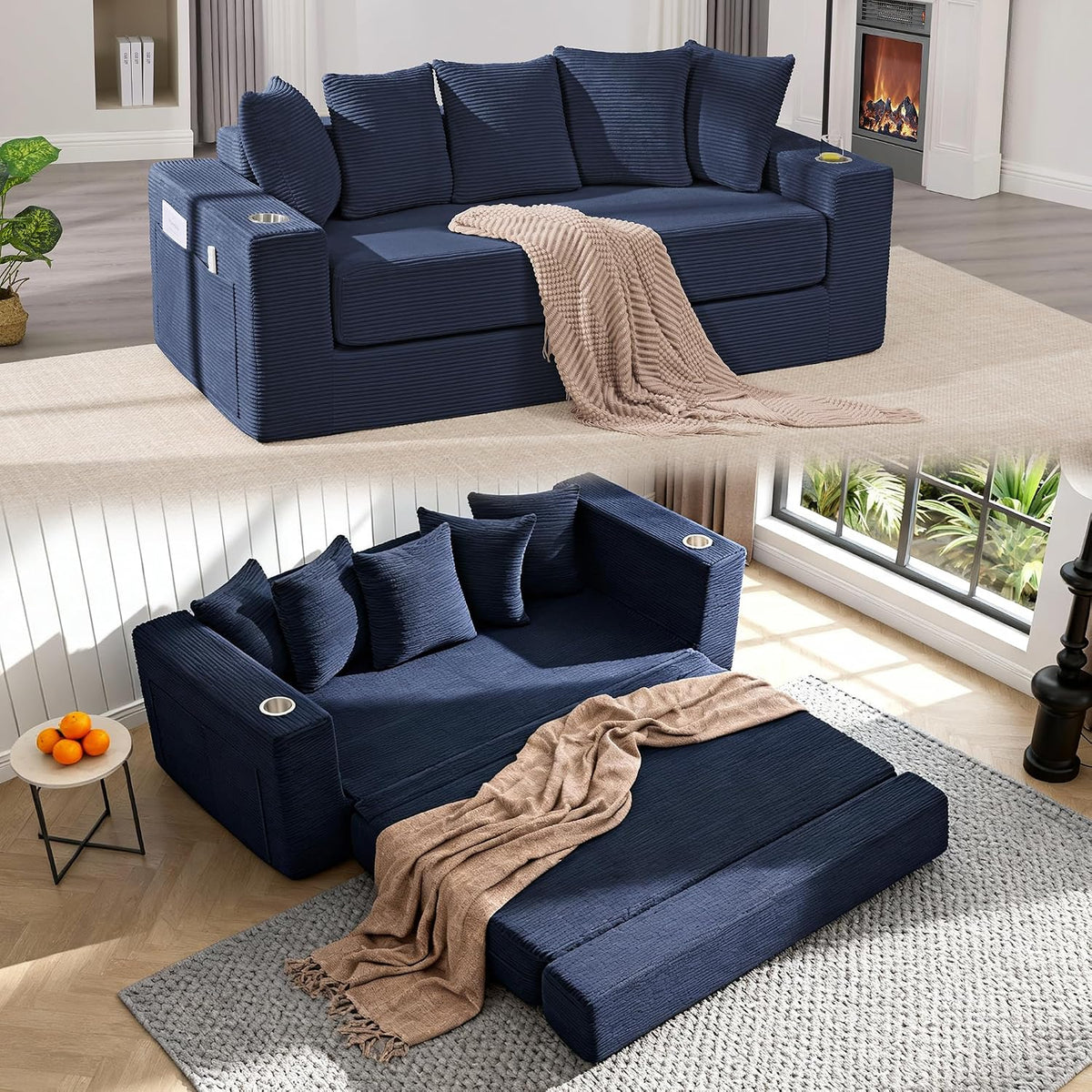 76" Convertible Sofa Bed, Corduroy Boneless Couch with Cup Holders & Pocket